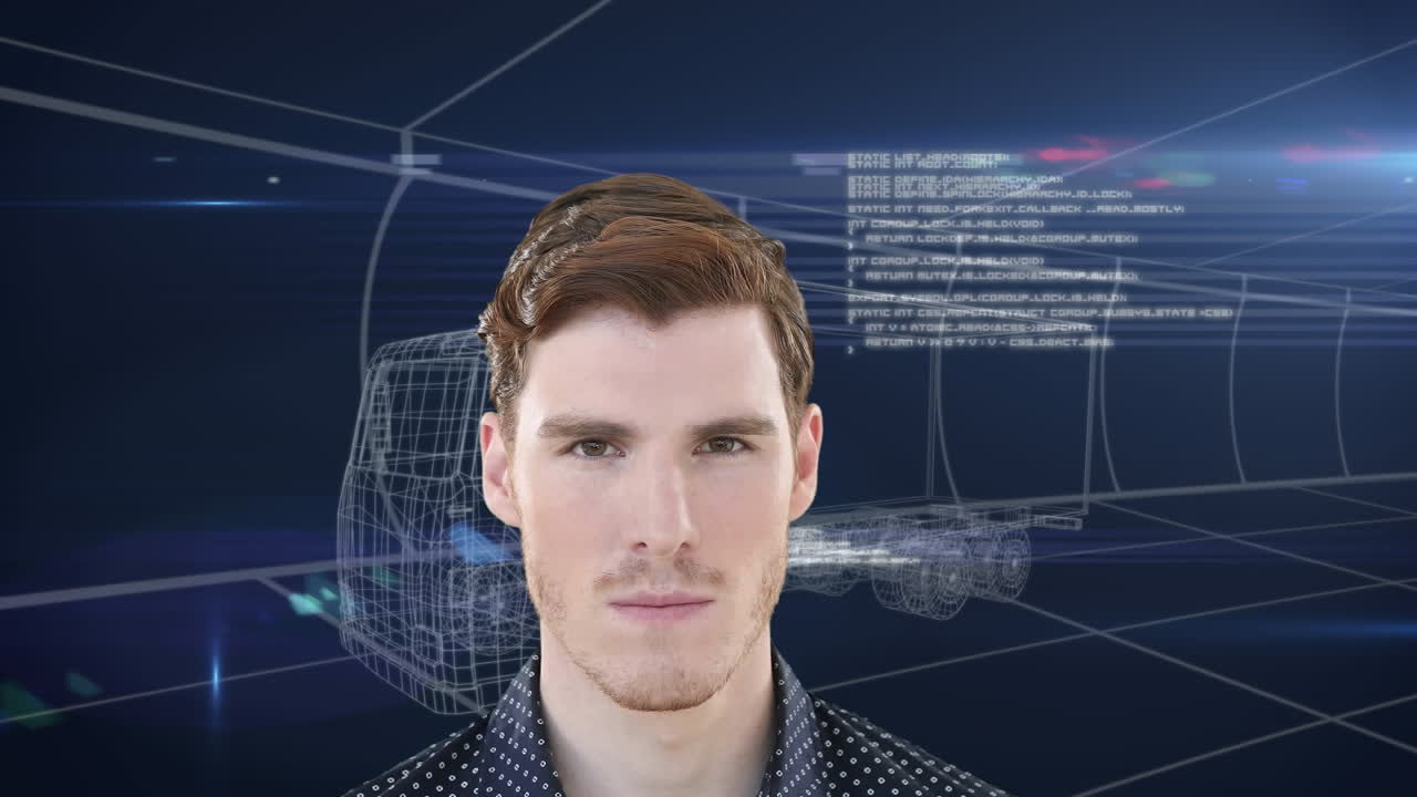 animación del hombre caucásico y procesamiento de datos sobre modelo de dibujo 3d de camión y cuadrícula