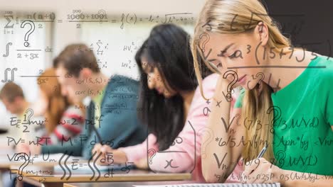 animación de ecuaciones matemáticas sobre diversos estudiantes en el aula