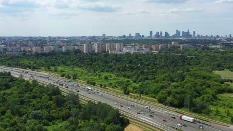 top view over the highway, expressway and motorway, aerial view interchange with car driving down the highway