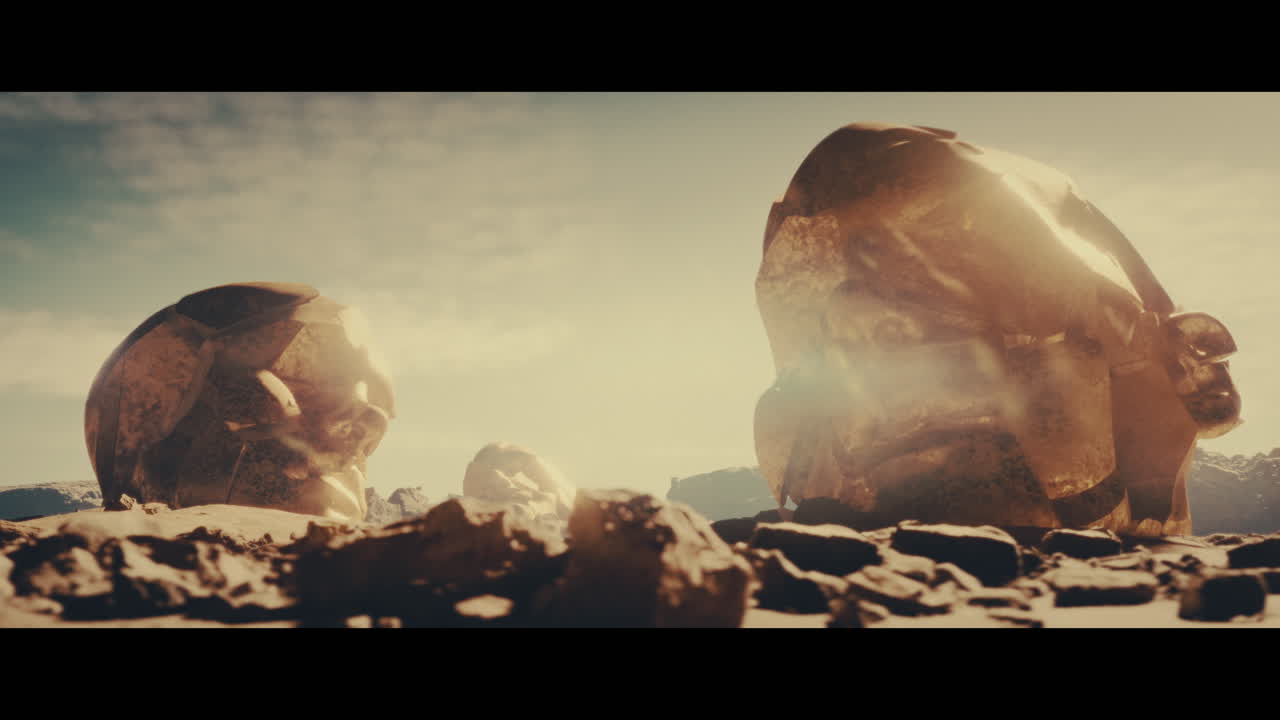 Huge golden statues in the desert during sunset