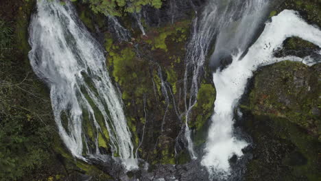 Bird's-eye-view-over-Panther-Creek-Falls-tumbling-over-rocky,-moss-covered-cliff-into-pool-below