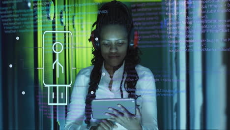 wearing headphones and using tablet, woman with code and tech animation over