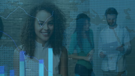 Using smartphone, businesswoman viewing financial data charts and animation in office
