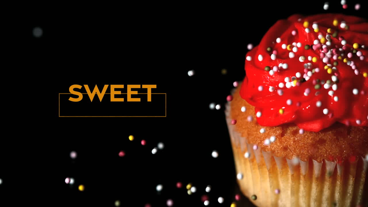 Animazione di testo "sweet" su cupcake su sfondo scuro