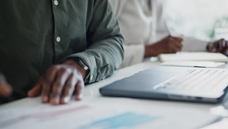 paperwork, laptop or hands of person doing data