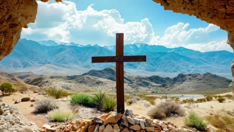 a wooden cross in the middle of a rocky landscape