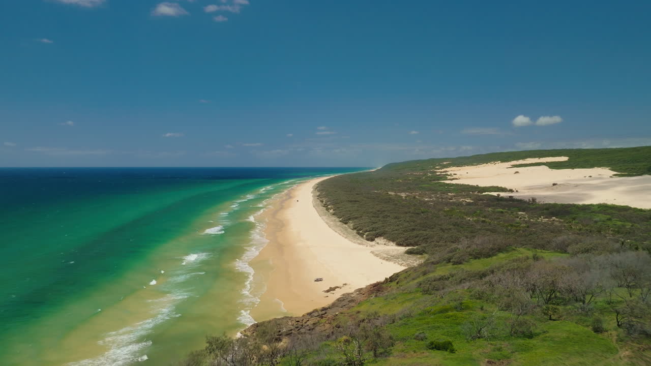 Scenic Drone Reveal Treetop Headland To White Sand Dunes Beach Of K'Gari Fraser Island, Australia 4K