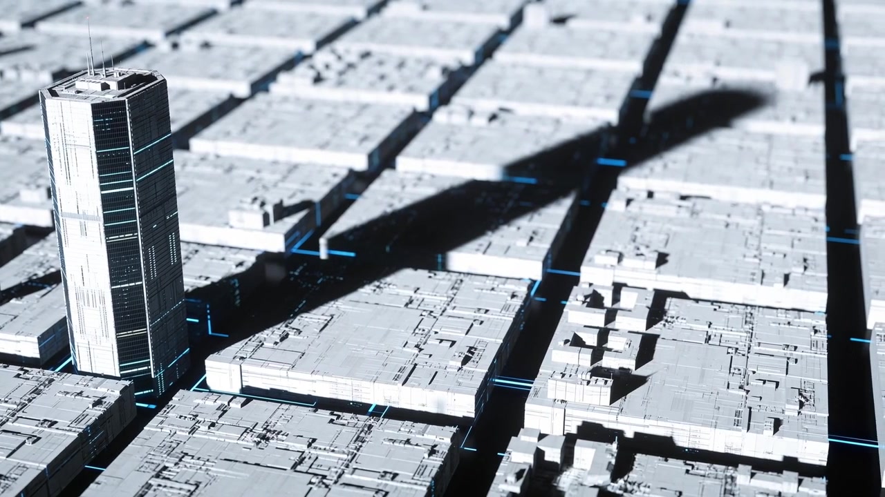 Shifting camera showing tall cylindrical tower rising over rooftop grid with blue seams, copy space