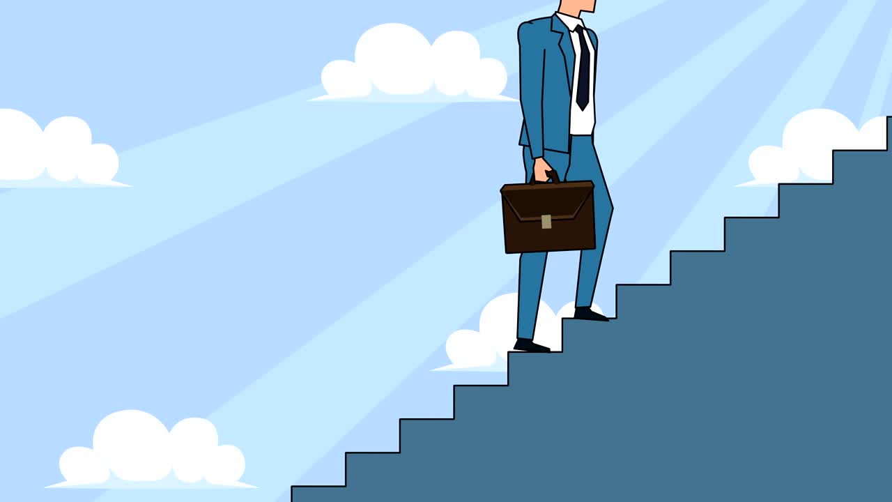 personaje de dibujos animados hombre de negocios plano con bolsa de caso sube las escaleras de la carrera animación