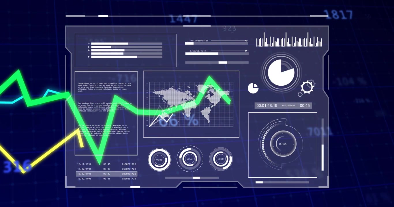 Vertical video: Updating HUD showing market on map, trend lines entering left over navy with dials