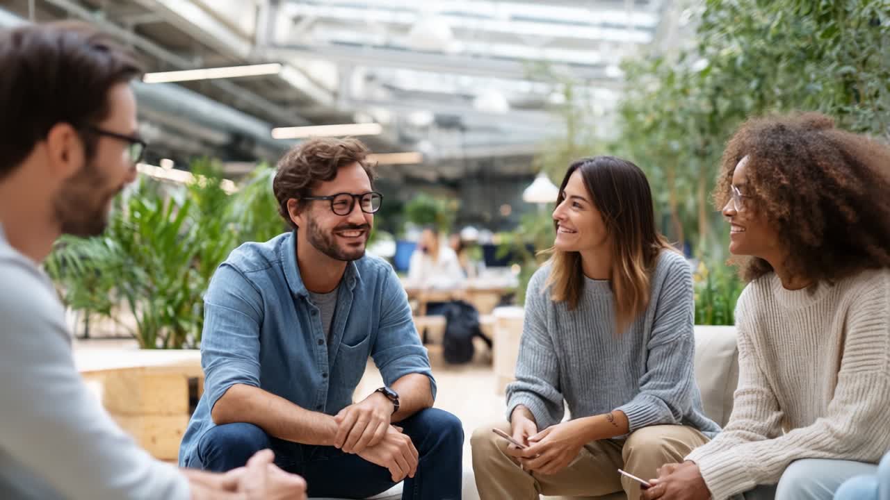 A Heartwarming Conversation Among Friends in a Modern Workspace: Sharing Ideas and Laughter in a Bright, Open Environment Filled with Greenery and Natural Light, Showcasing Connection and Joy