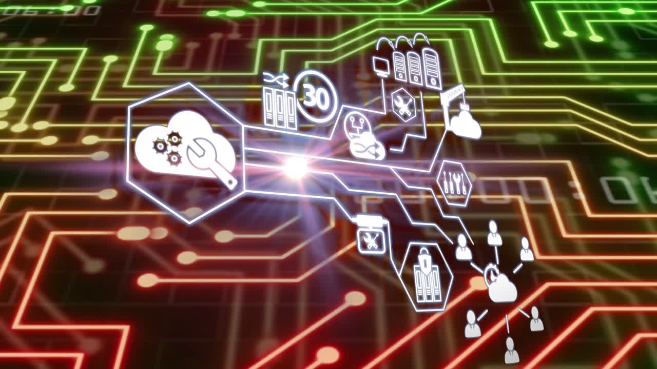 animación de iconos comerciales a través de una red de conexiones