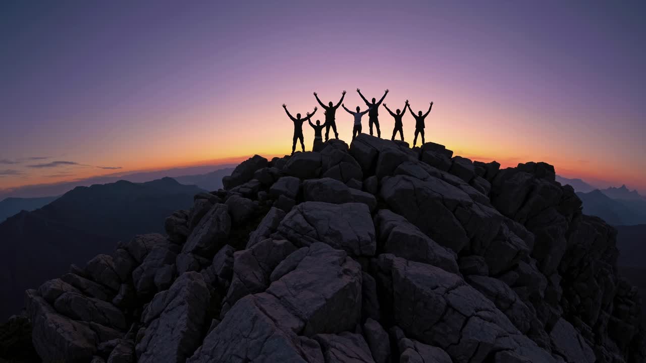 Silhouetted group celebrates atop a rocky peak at sunset. Captured from a low angle, this video