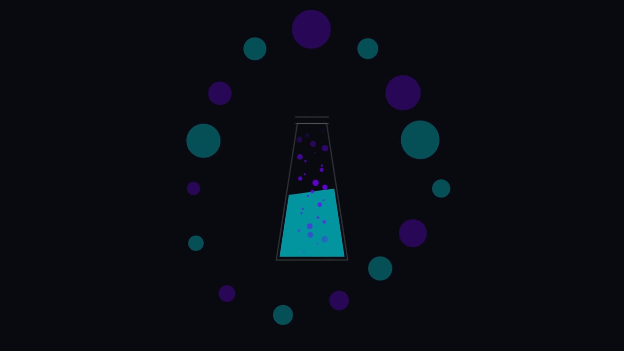 Animated Laboratory Flask with Bubbling Liquid and Floating Orbs