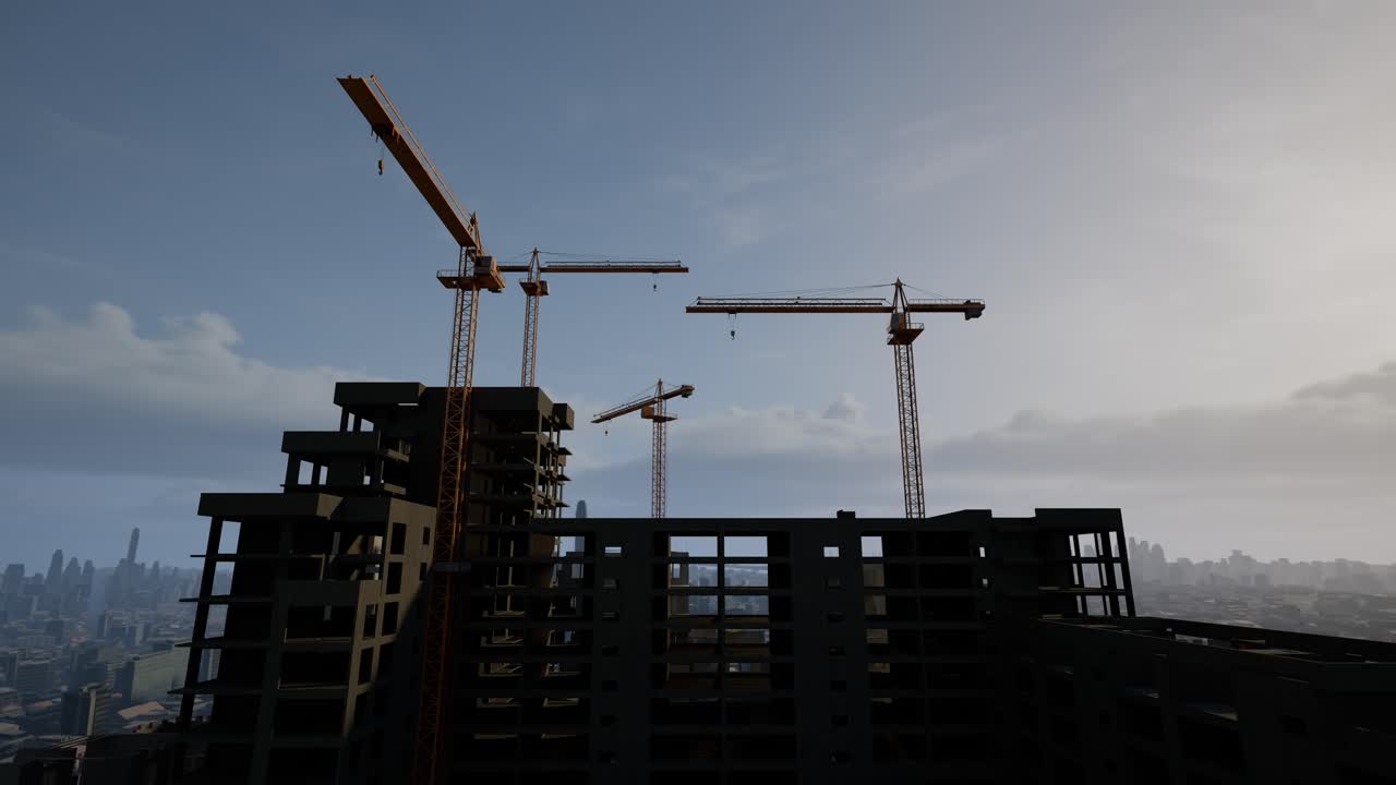 Dynamic Construction Site With Cranes Against Dramatic Sky, Timelapse