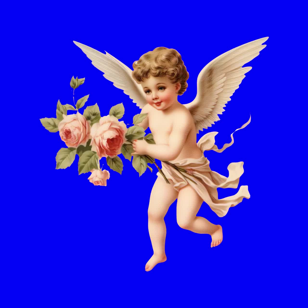 Cherubic angel holding roses animation, transparent 4K video, green screen