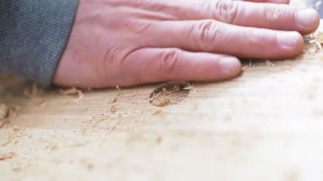 fondo de bricolaje hombre satisfecho desempolvar virutas de madera en el taller