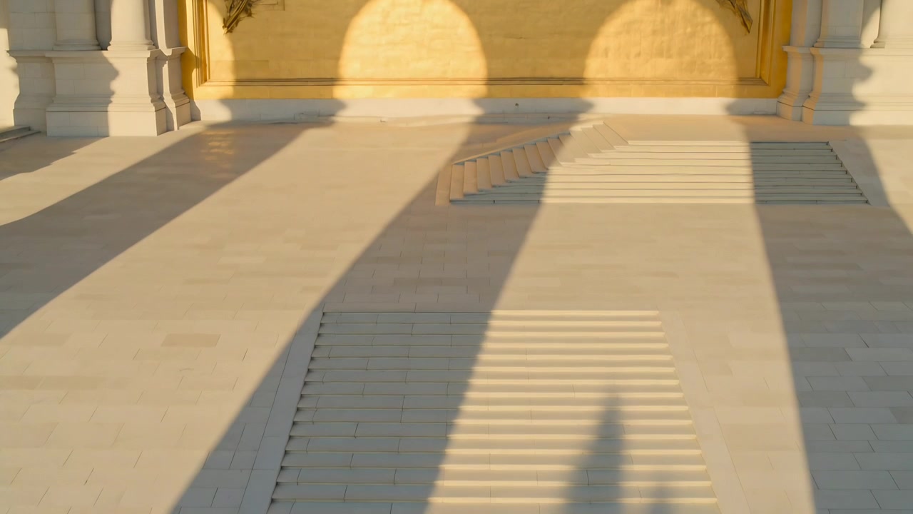 Duas sombras caminhando atravessam uma praça ladrilhada em direção a arcos, com o sol baixo projetando uma sombra longa sobre uma grade.