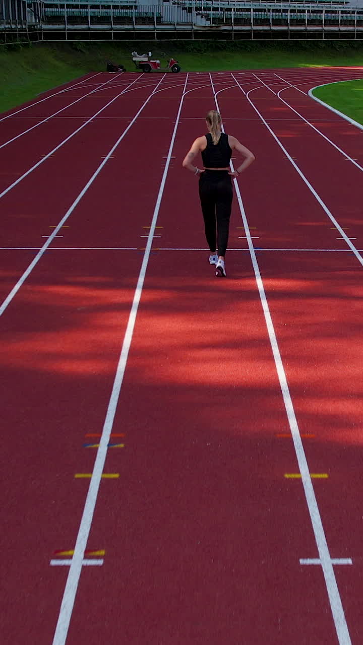 A fit young woman in black athletic wear walks along a professional running track at an outdoor stadium. Ideal for fitness, motivation, and sports training content