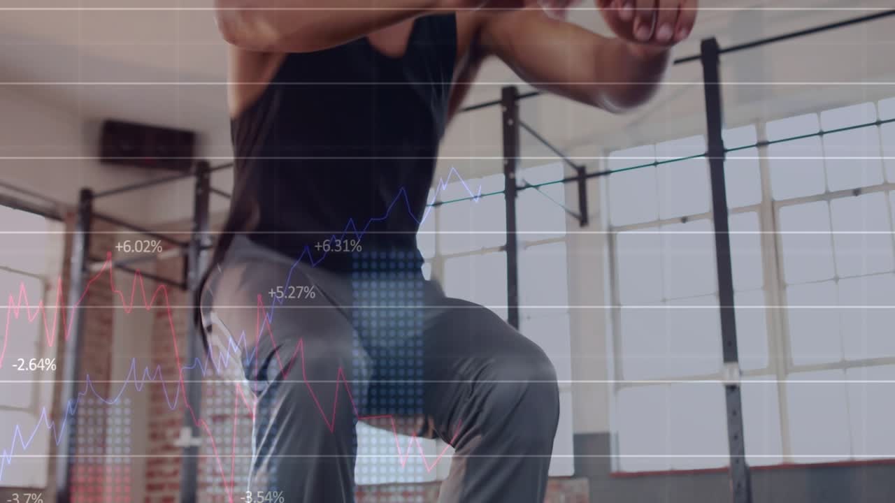 Man stepping on box stepping down squatting jumping finishing upright grid lines tracking fitness