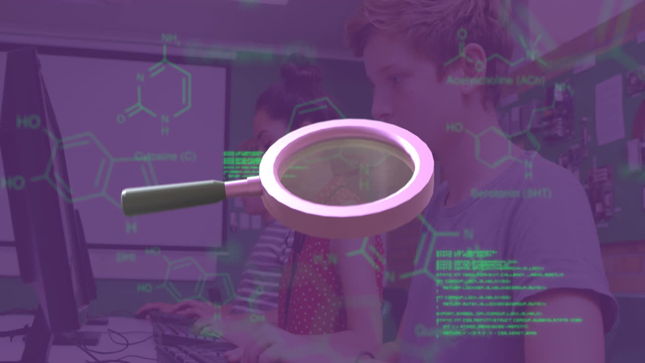 animación de lupas y diagramas de cadenas de adn sobre diversos niños en clase escolar