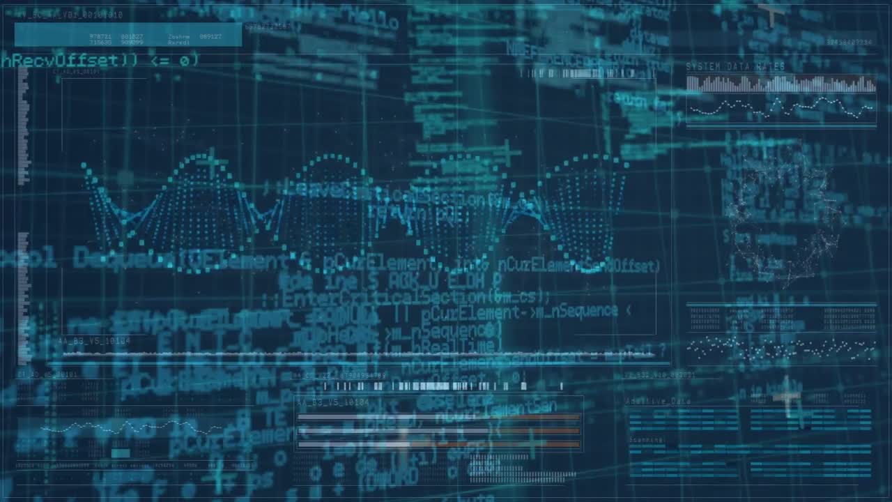 Animation of dna strand spinning, circuit board and data processing over grid