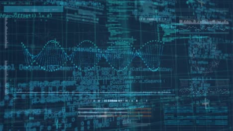 animation of dna strand spinning, circuit board and data processing over grid