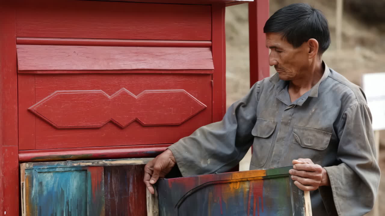 Artisan working with colorful wooden panels