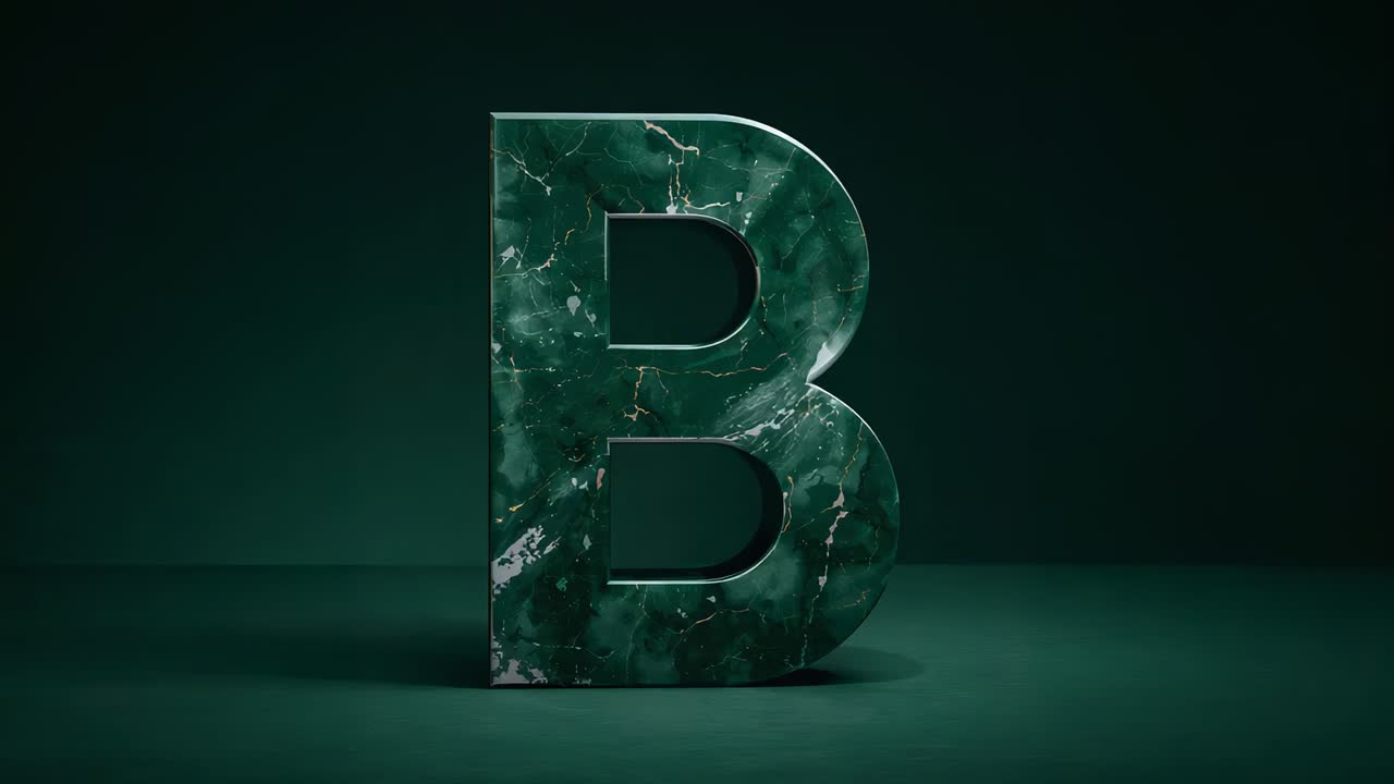 Activating spotlight illuminating marble letter B on studio floor, showcasing veining and shadow