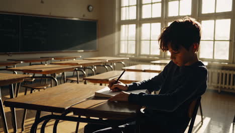 young boy studying in a sunlit classroom