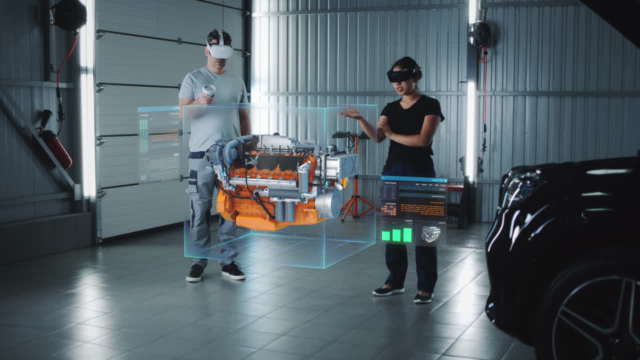 inspección del motor de realidad virtual en el taller