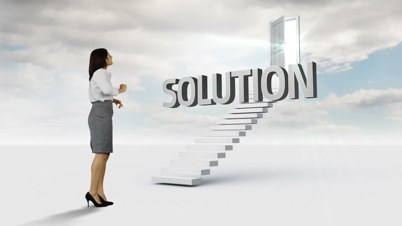 Businesswoman looking at a word on a stair 