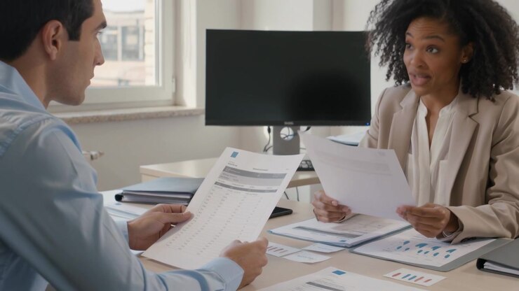 Reviewing printed reports after close-up, two colleagues in business attire handing pages at desk