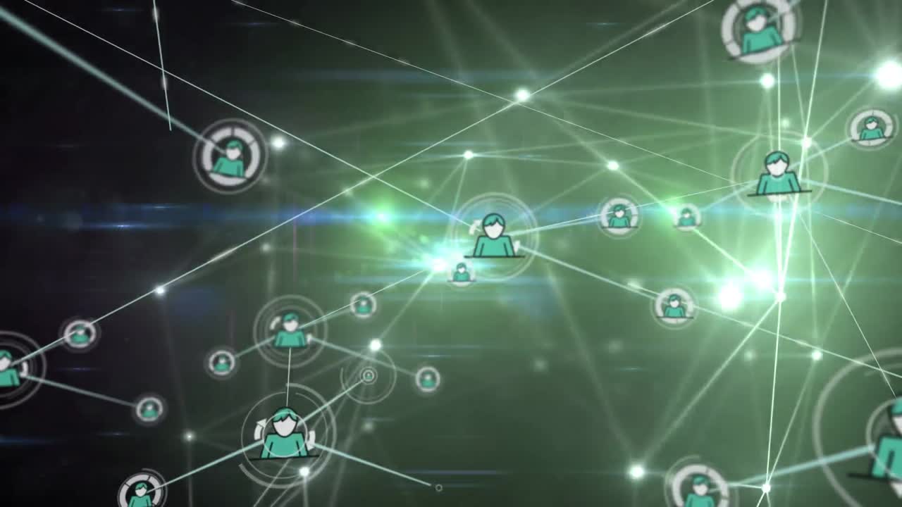 animación de la red de conexiones con iconos sobre luces de guante sobre fondo oscuro