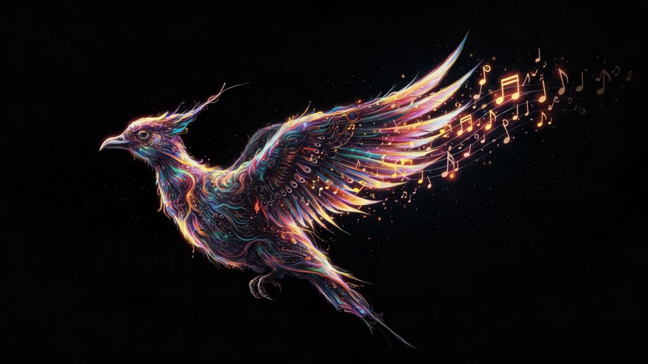 A Stunning Digital Artwork of a Colorful Bird in Flight, with Musical Notes Flowing from Its Wings, Capturing a Magical Fusion of Nature and Music