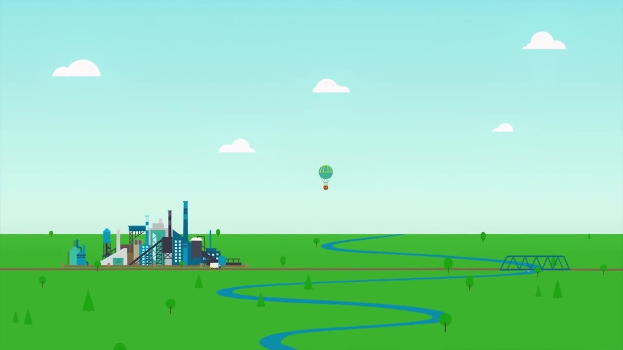 A peaceful landscape with a factory, a hot air balloon, and a winding river.