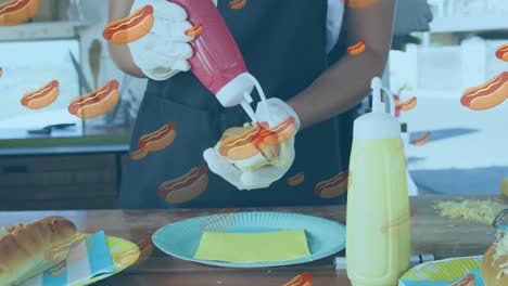 animación de perritos calientes sobre vendedor de comida afroamericano preparando perritos calients en el camión de comida