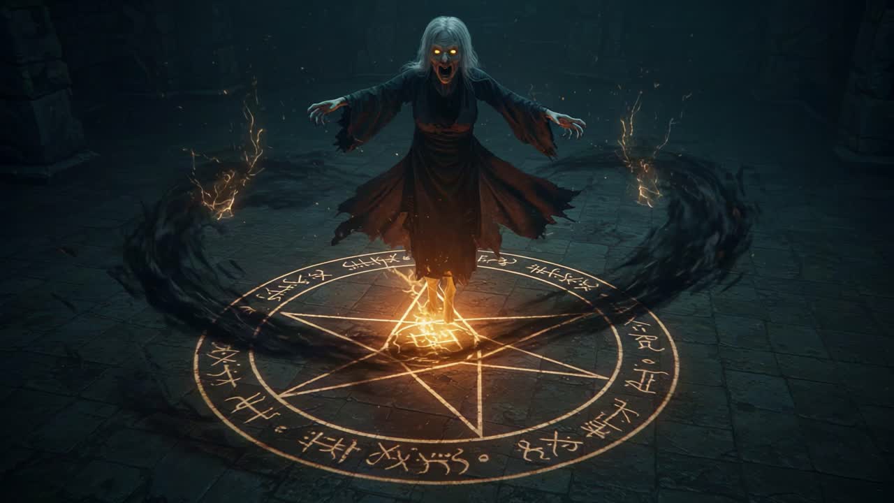 A Mysterious Sorceress Casts Spells in an Enigmatic Ritual, Surrounded by Arcane Symbols and Eerie Shadows in an Ancient Dimly Lit Chamber