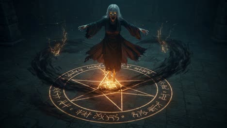 a mysterious sorceress casts spells in an enigmatic ritual, surrounded by arcane symbols and eerie shadows in an ancient dimly lit chamber