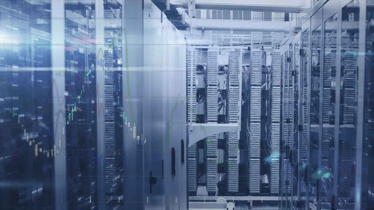 Animation of statistics and data processing over tech room with computer servers