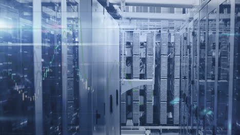 animation of statistics and data processing over tech room with computer servers