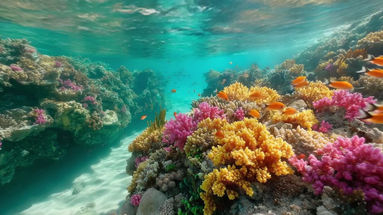 Sotto le onde: una vivace scena sottomarina che mostra colorate barriere coralline e banchi di pesci in un ambiente oceanico cristallino.