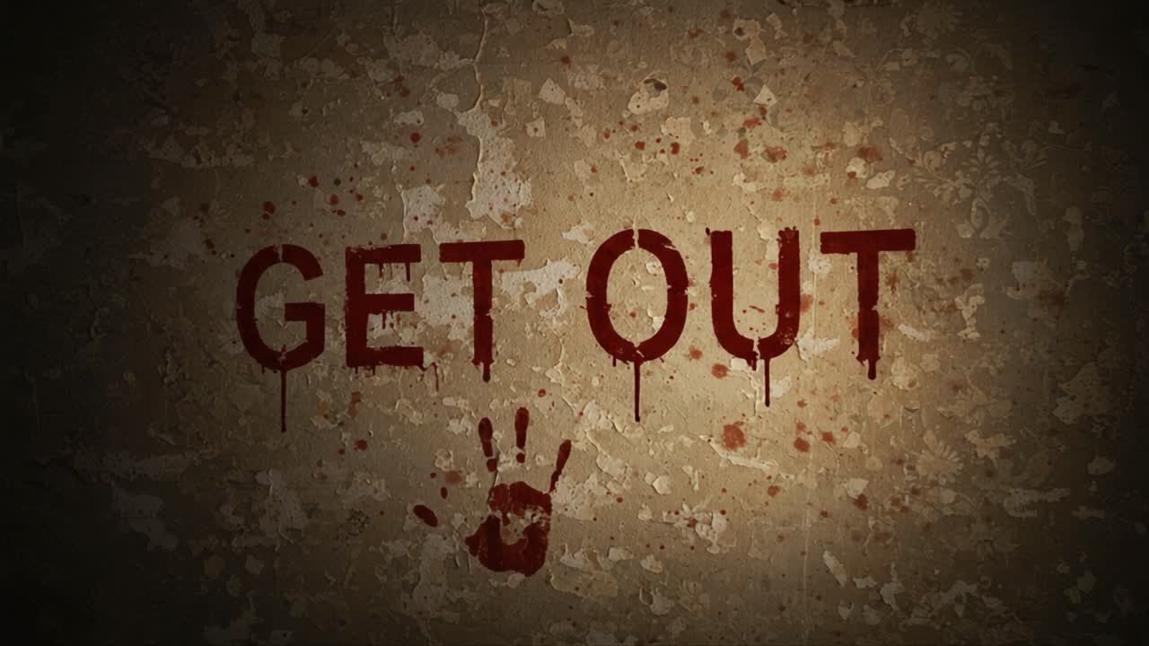 A chilling warning is left on a weathered wall, featuring the words 'GET OUT' penned in dark red, alongside a disturbing handprint, evoking a sense of fear and urgency