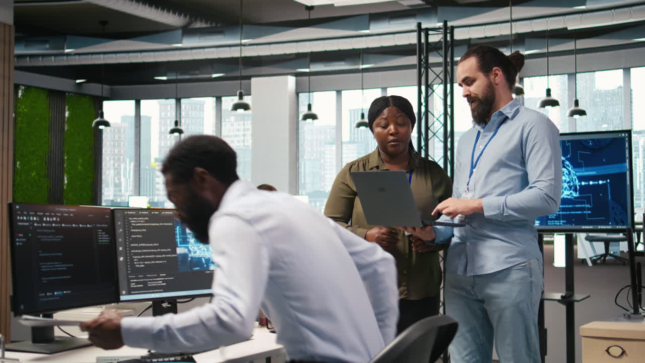 Teamworking Programmers In Office Reviewing Ai System Metrics