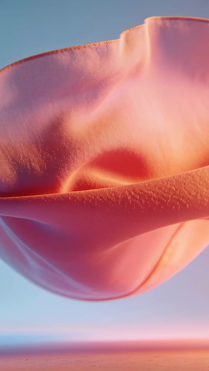 Vertical video: Moving pink satin rippling from studio fan, showing stitched hem, gradient