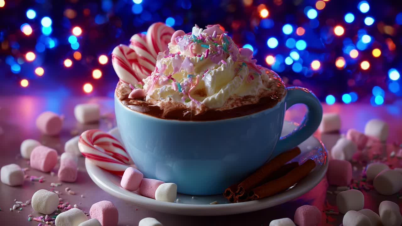 Indulge in the Irresistible Sweet Pleasure of a Hot Chocolate Cup Overflowing with Whipped Cream, Colorful Sprinkles, and Festive Candy Canes, Perfect for Warming Up During the Holiday Season