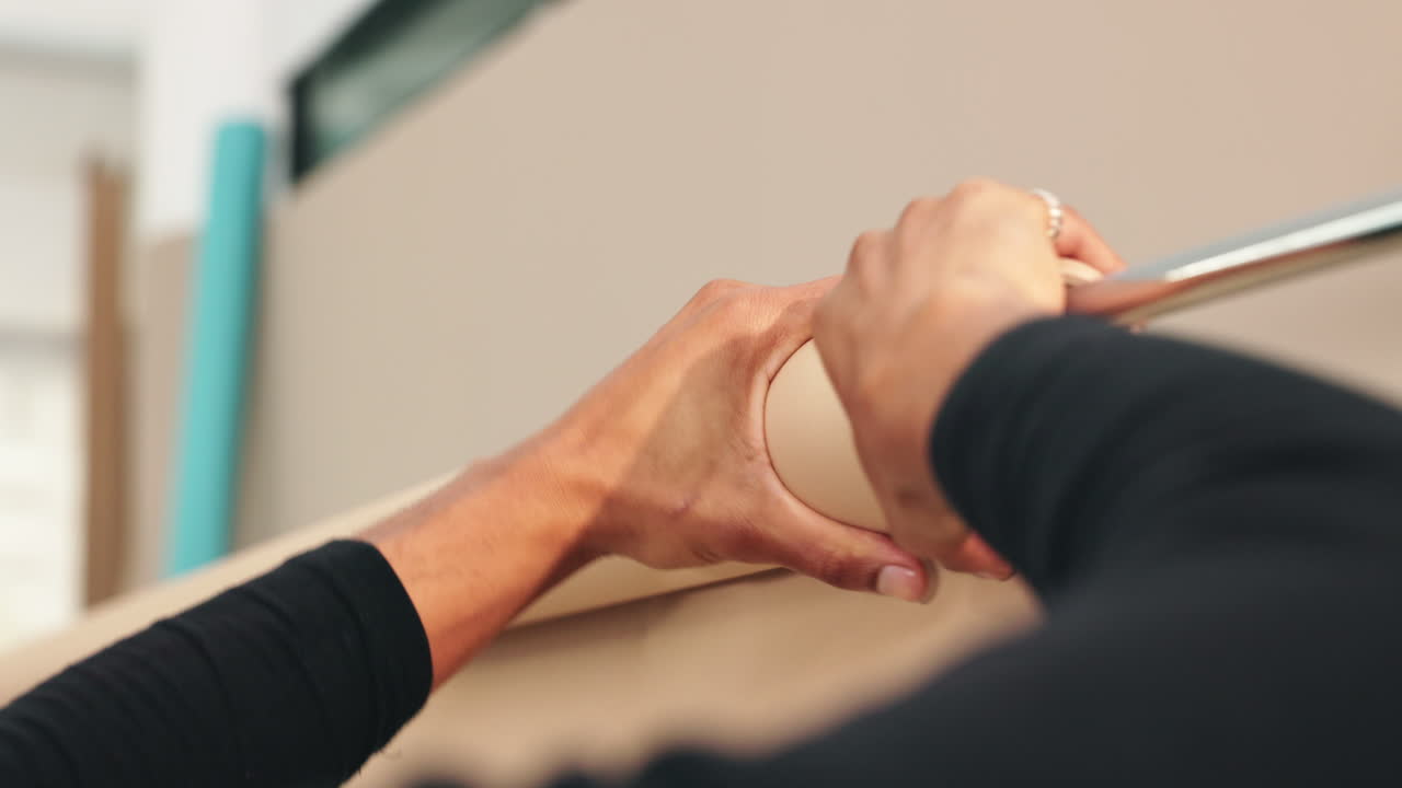 persona que enrolla el tubo de papel