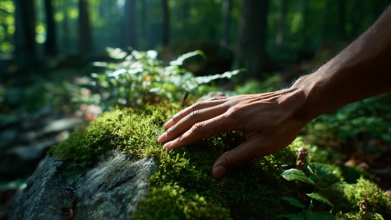 A Serene Exploration of Nature: Captivating Displays of Hand on Lush Green Moss Within a Tranquil Forest, Highlighting the Connection Between Humanity and the Earth in an Ethereal Light