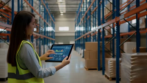 woman managing inventory with a digital tablet in a large warehouse