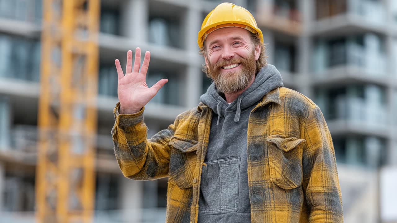 A Friendly Construction Worker Greeting on Site, Showcasing Safety Gear and Enthusiasm Amidst Building Development, Capturing the Spirit of Teamwork and Progress